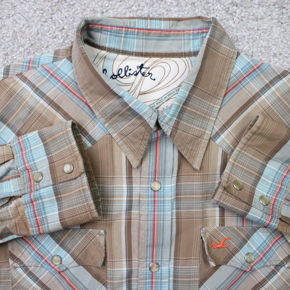 Hillister Shirt Mens Large Brown/Blue Pearl Snap 100% Cotton Long Sleeve Western